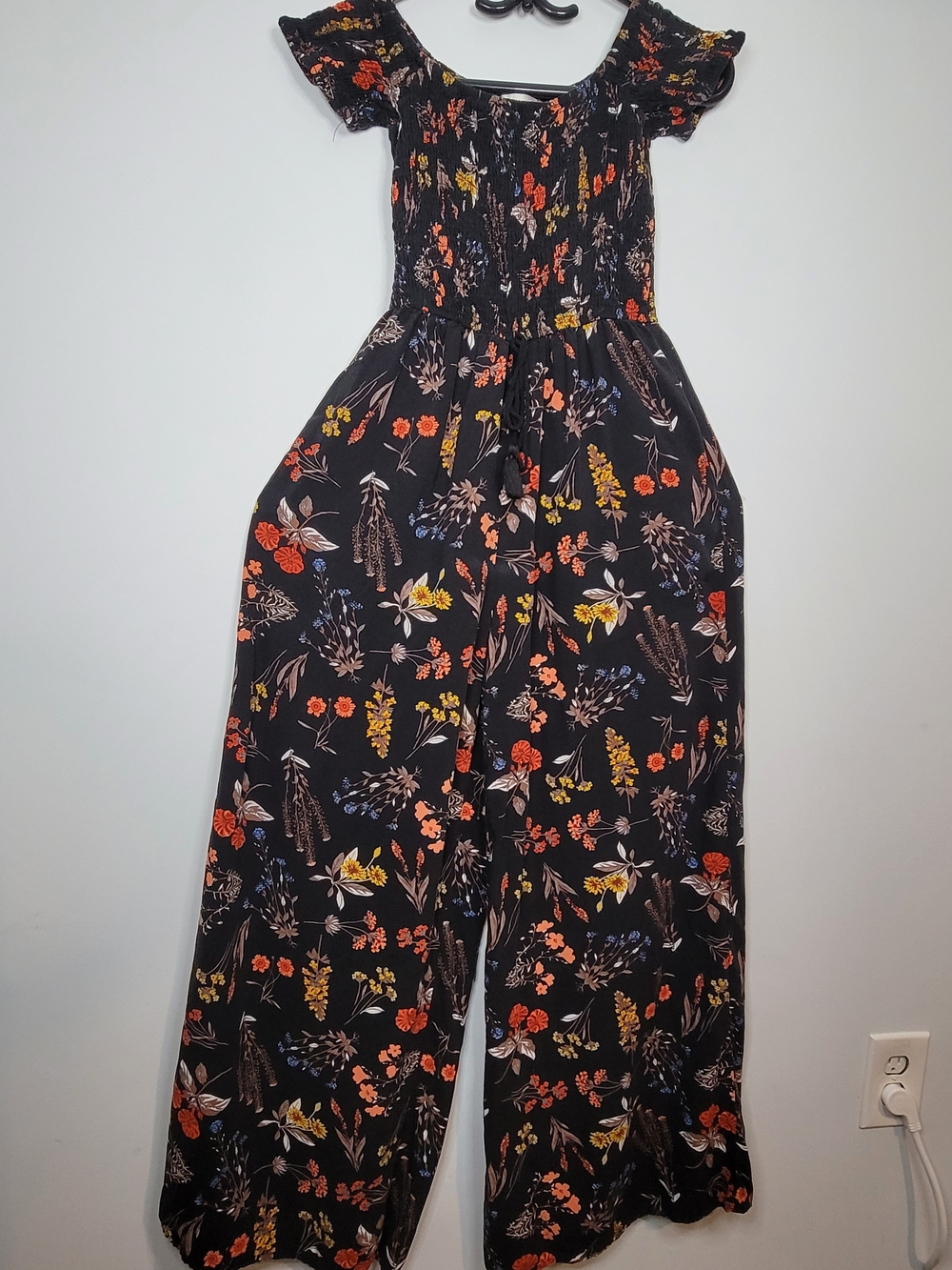 Black Floral Off-Shoulder Wide-Leg Smocked Body and Sleeves Jumpsuit